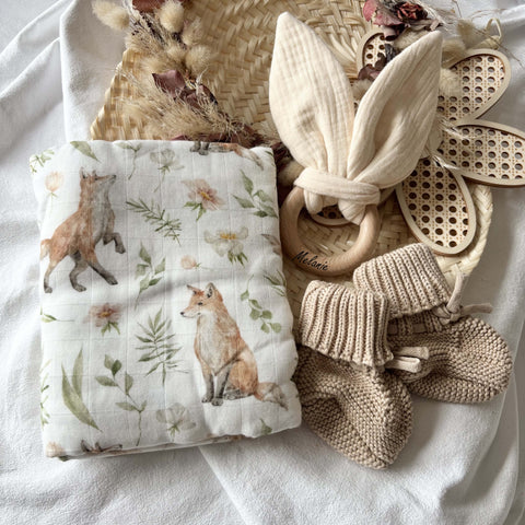 Babydecke, Babyschuhe & Beissring Waldliebe personalisiert