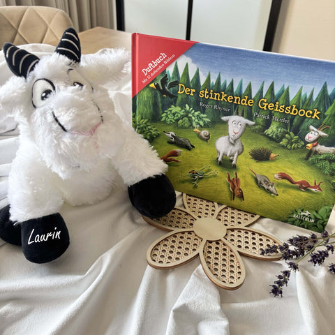 Libro profumato "Il caprone puzzolente" o "C'è posto per tutti" e peluche personalizzato "Charly il caprone"