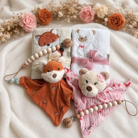 Geschenkset Fuchs oder Bär Schmusetuch, Handtuch und Nuggikette personalisiert von Sterntaler