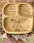 Tritthocker, Bambus-Kinderteller & Plüschtier Hase Set