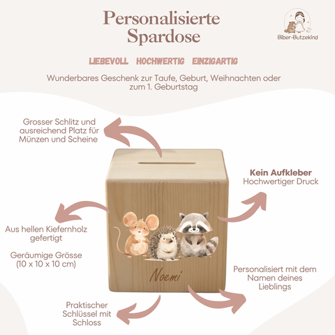 Spardose / Kässeli personalisiert Waldtiere farbig