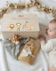 Geschenkset Erinnerungskiste, Schmusetuch und Handtuch Safari personalisiert