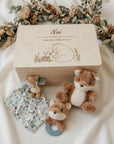 Geschenkset Waldtiere personalisiert - Erinnerungskiste, Schmusetuch, Rassel & Kuscheltier