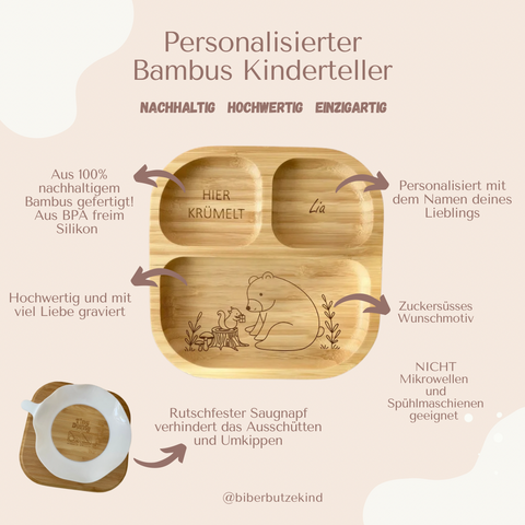 Bambus Kinderteller personalisiert Eichhörnchen und Bär