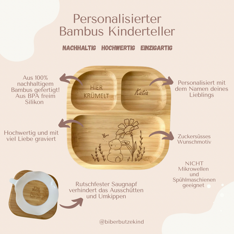 Piatto per bambini in bambù personalizzato con coniglietto e fiore