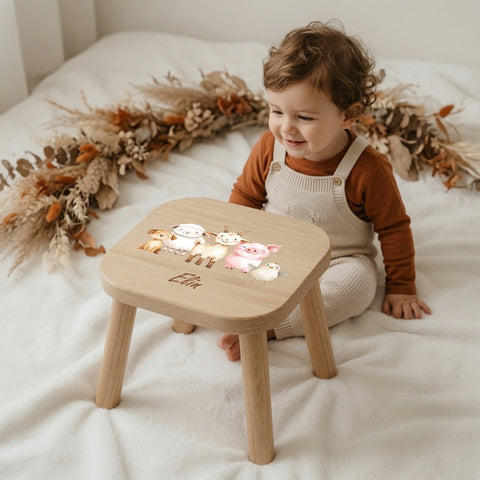 Farbiger Kinderhocker personalisiert Bauernhoftiere