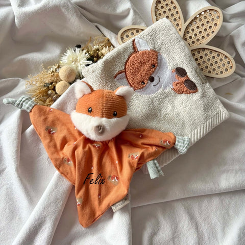 Geschenkset Erinnerungskiste, Schmusetuch und Handtuch Fuchs personalisiert