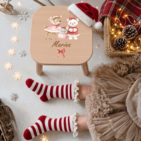 Farbiger Kinderhocker personalisiert Reh, Maus, Bär Weihnachtskollektion