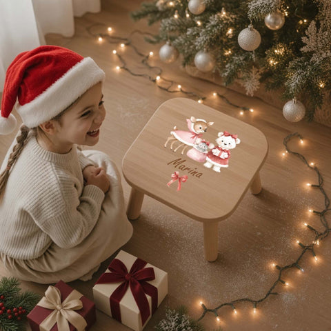 Farbiger Kinderhocker personalisiert Reh, Maus, Bär Weihnachtskollektion
