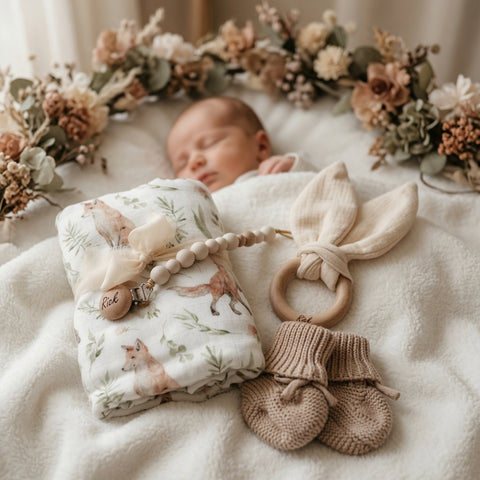 Babydecke, Babyschuhe, Nuggikette & Beissring Waldliebe personalisiert