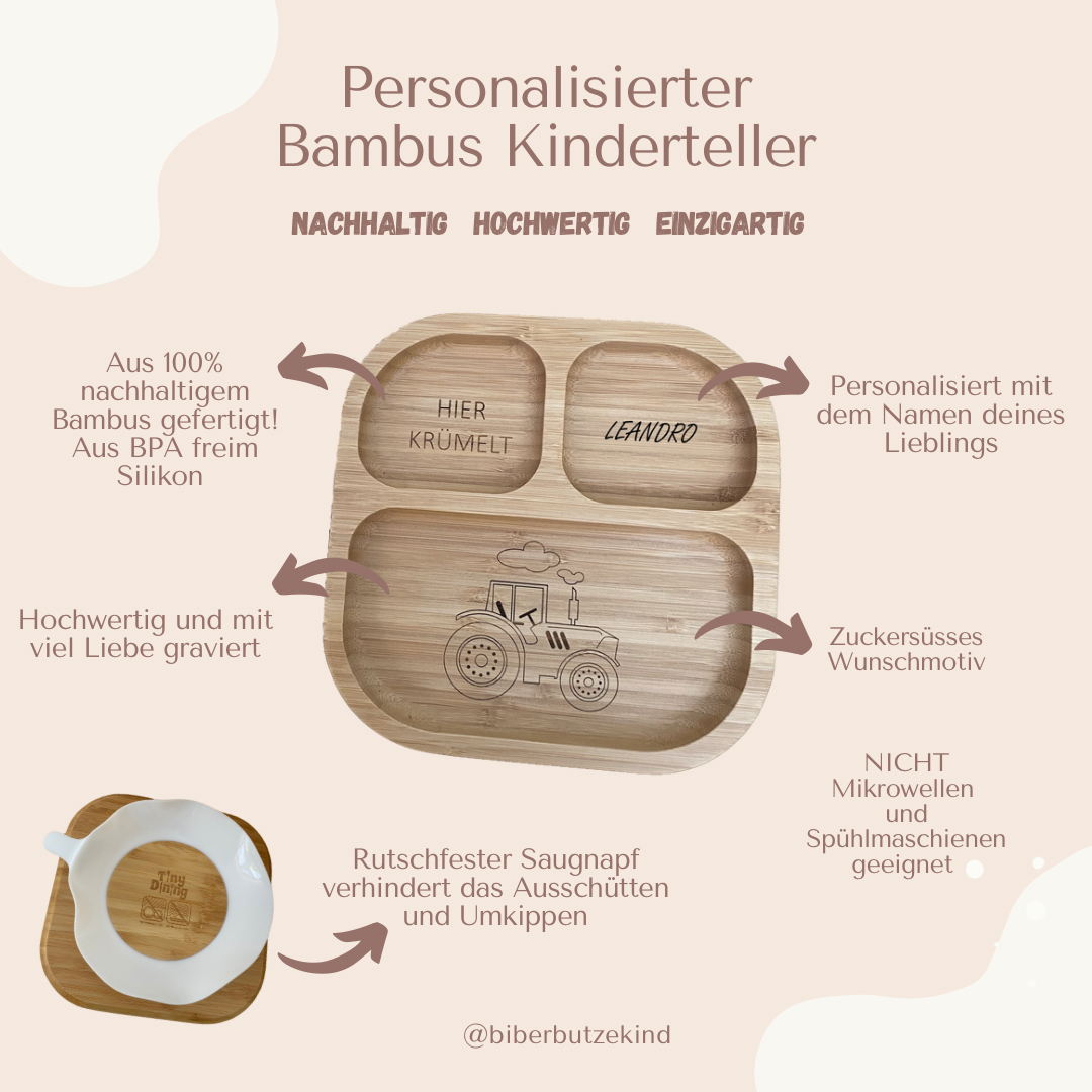Personalisierter Bambus Kinderteller mit Saugnapf – Nachhaltig –  Biber-Butzekind