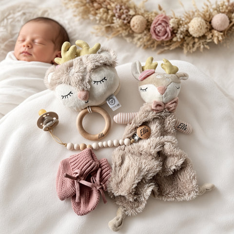 Spieluhr, Schmusetuch, Babyschuhe & Nuggikette Reh Ella personalisiert