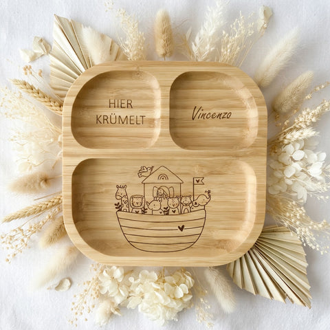 Assiette pour enfant en bambou personnalisée « Arche de Noé »