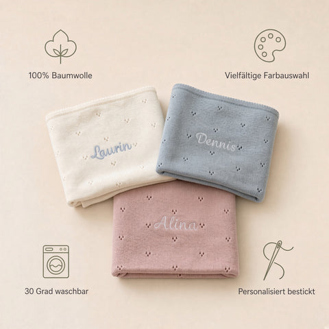 Babydecke personalisiert Strickdecke mit Muster rosa, blau, beige