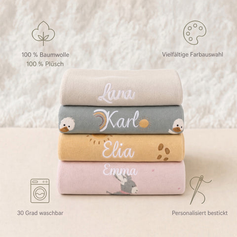 Babydecke personalisiert Sterntaler Plüsch und Baumwolle beige, grün, gelb, rosa