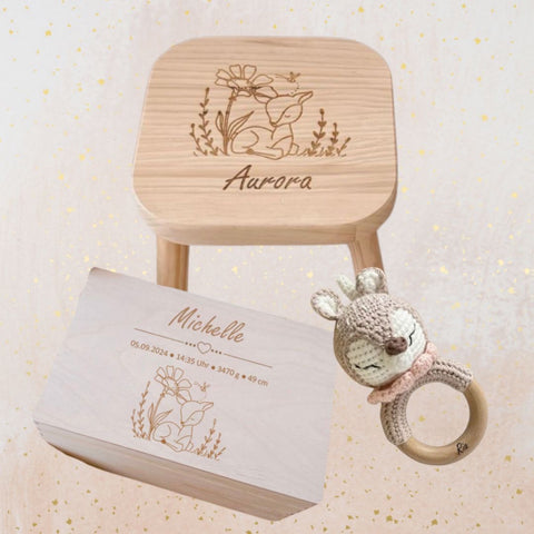 Scatola dei ricordi, sgabello per bambini e sonaglio a forma di capriolo – Set