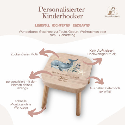 Farbiger Kinderhocker personalisiert Wal zur Taufe