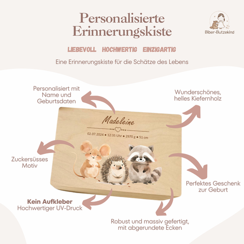 Boîte à souvenirs personnalisée « Animaux de la forêt colorés »