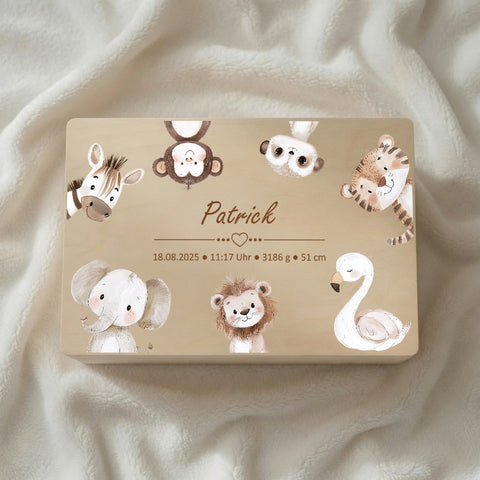 Erinnerungskiste personalisiert Wilde Tiere bunt