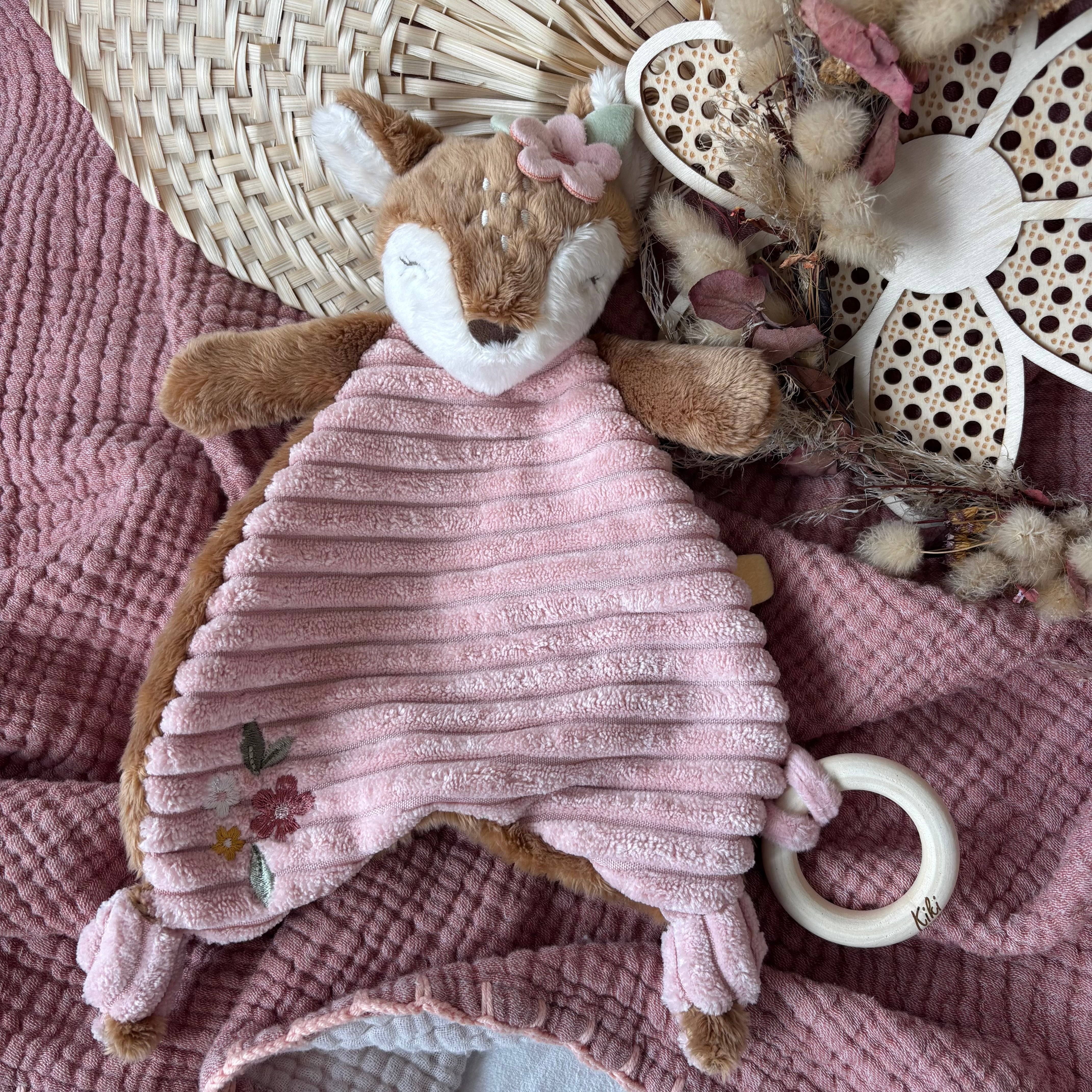 Babydecke, Schmusetuch &amp; Nuggikette Reh rosa personalisiert