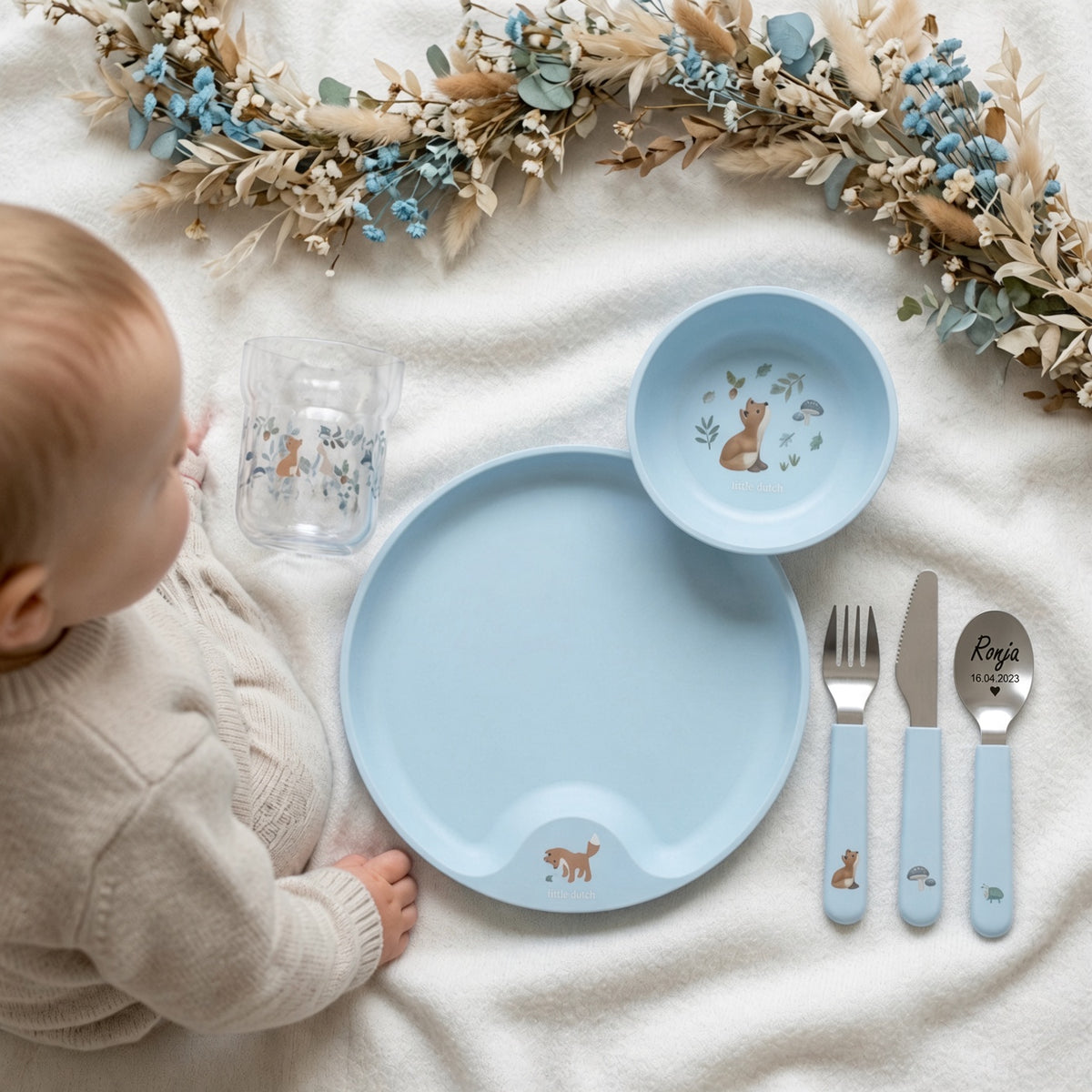 Little Dutch Kindergeschirrset personalisiert blau Fuchs