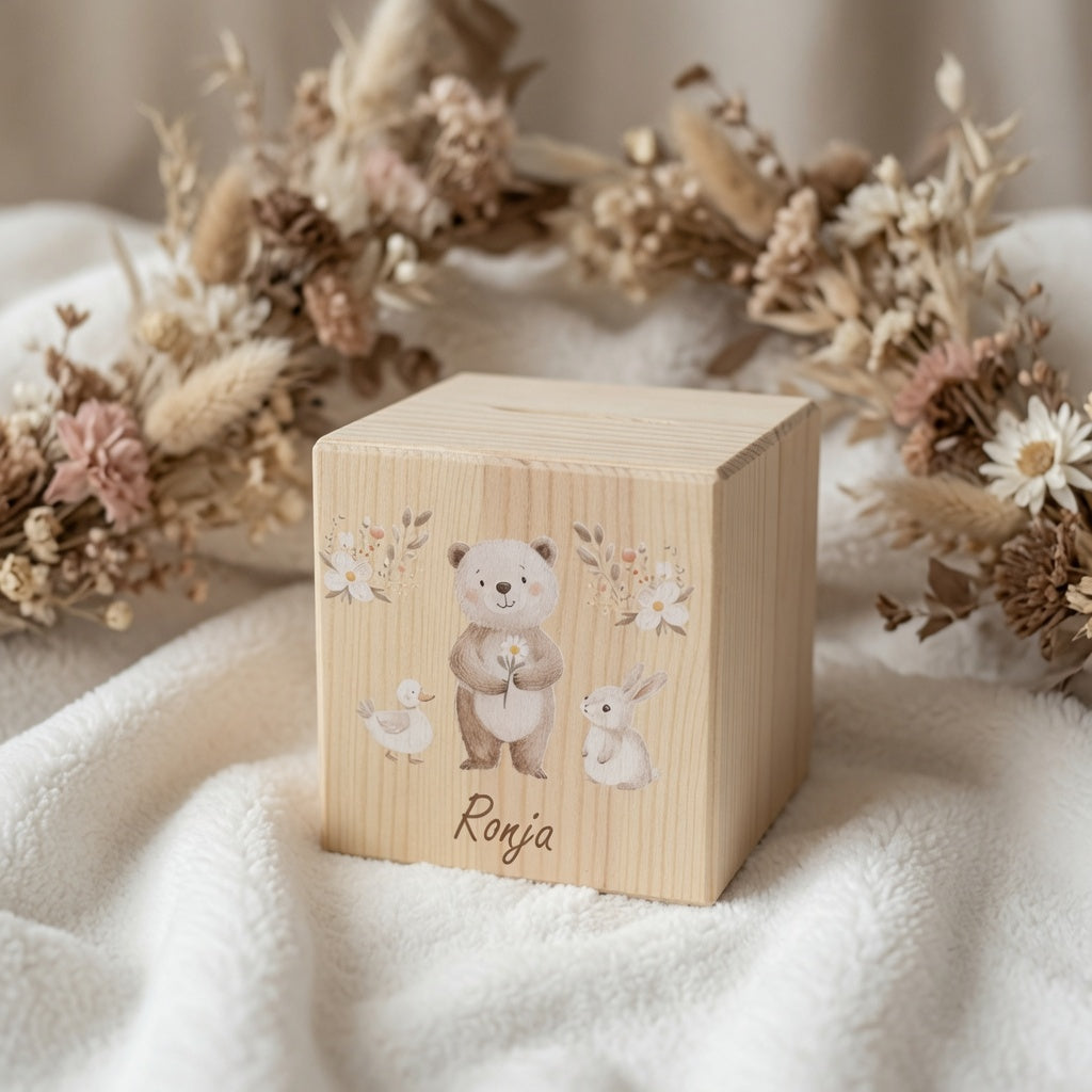 Spardose / Kässeli personalisiert Reh farbig Bär, Hase, Ente