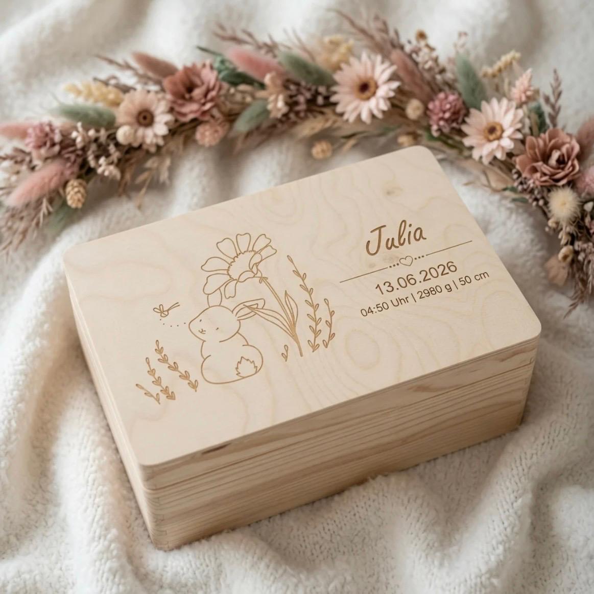 Geschenkset Erinnerungskiste, Schmusetuch und Handtuch Hase personalisiert