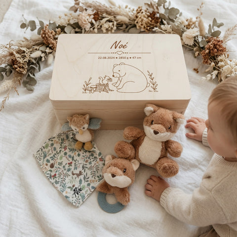 Geschenkset Waldtiere personalisiert - Erinnerungskiste, Schmusetuch, Rassel & Kuscheltier