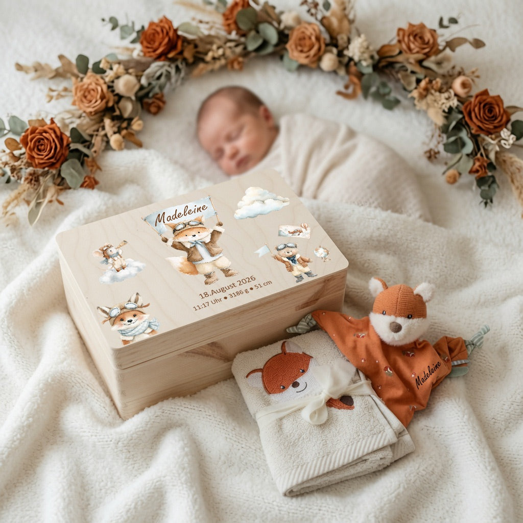 Geschenkset Erinnerungskiste, Schmusetuch und Handtuch Fuchs personalisiert