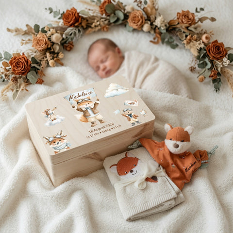 Geschenkset Erinnerungskiste, Schmusetuch und Handtuch Fuchs personalisiert