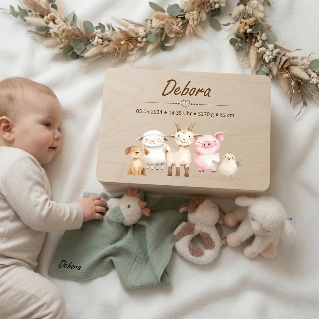 Geschenkset Bauernhof personalisiert - Erinnerungskiste, Schmusetuch, Rassel &amp; Kuscheltier