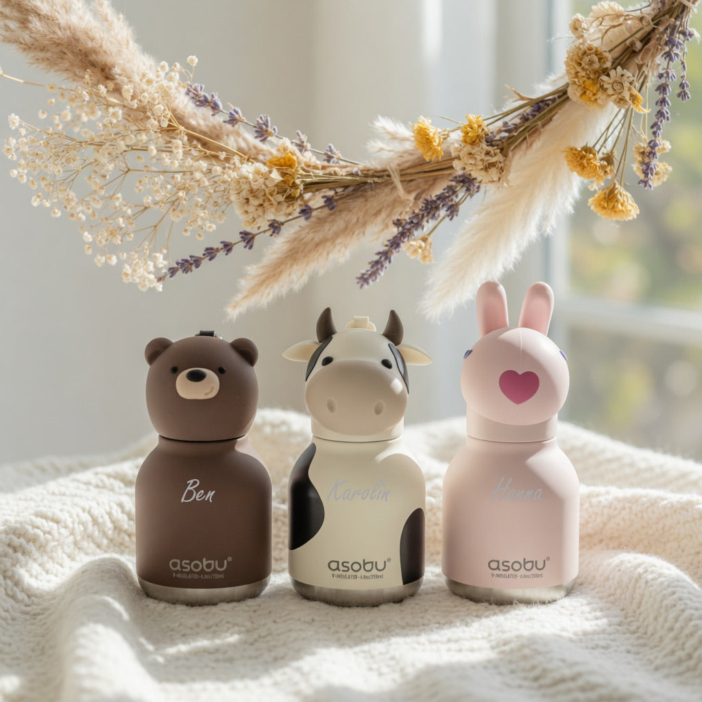 Personalisierte Asobu mini Thermo-Trinkflasche Bär / Kuh / Hase