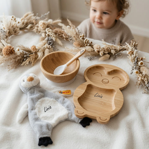 Kindergeschirr-Set + Steiff Schmusetuch Pinguin personalisiert