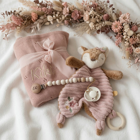 Babydecke, Schmusetuch & Nuggikette Reh rosa personalisiert