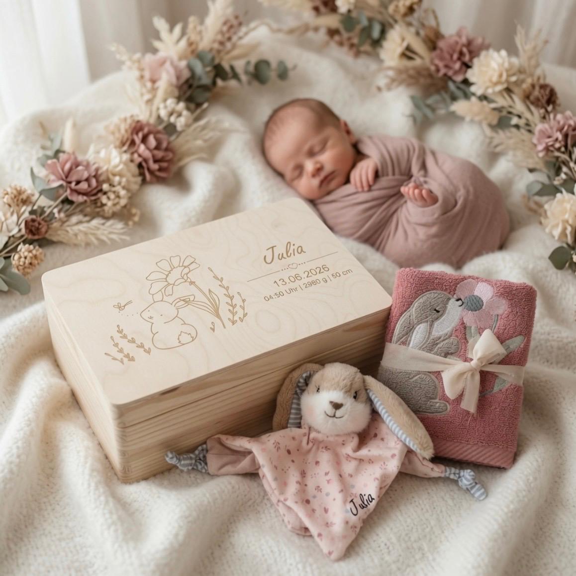 Geschenkset Erinnerungskiste, Schmusetuch und Handtuch Hase personalisiert