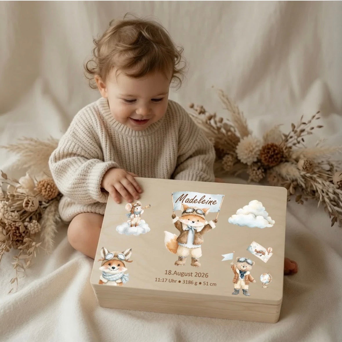 Geschenkset Erinnerungskiste, Schmusetuch und Handtuch Fuchs personalisiert