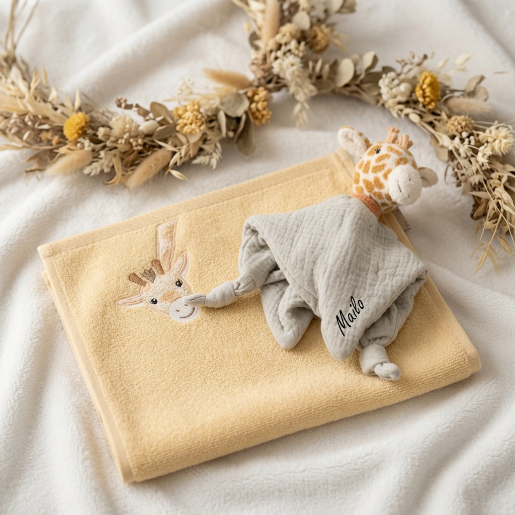 Geschenkset Erinnerungskiste, Schmusetuch und Handtuch Safari personalisiert
