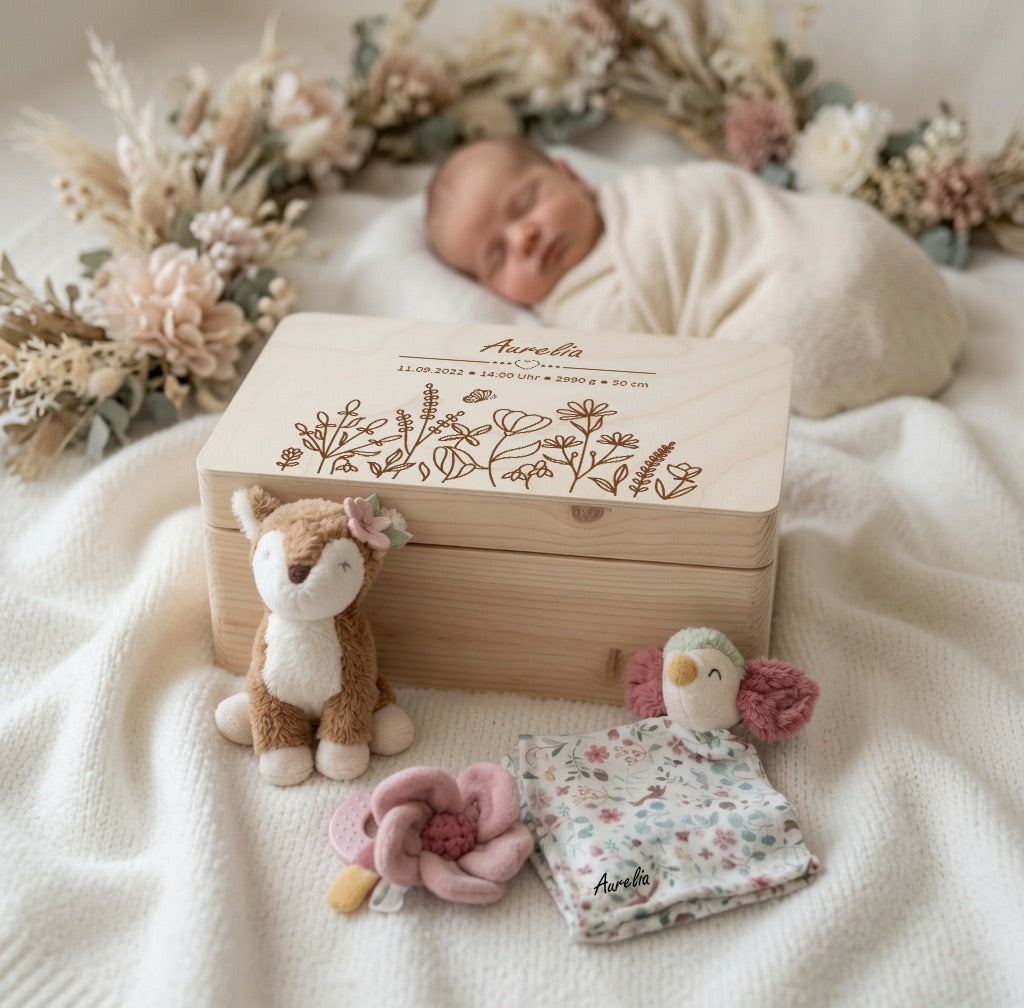 Geschenkset Blumen Reh personalisiert - Erinnerungskiste, Schmusetuch, Rassel &amp; Kuscheltier