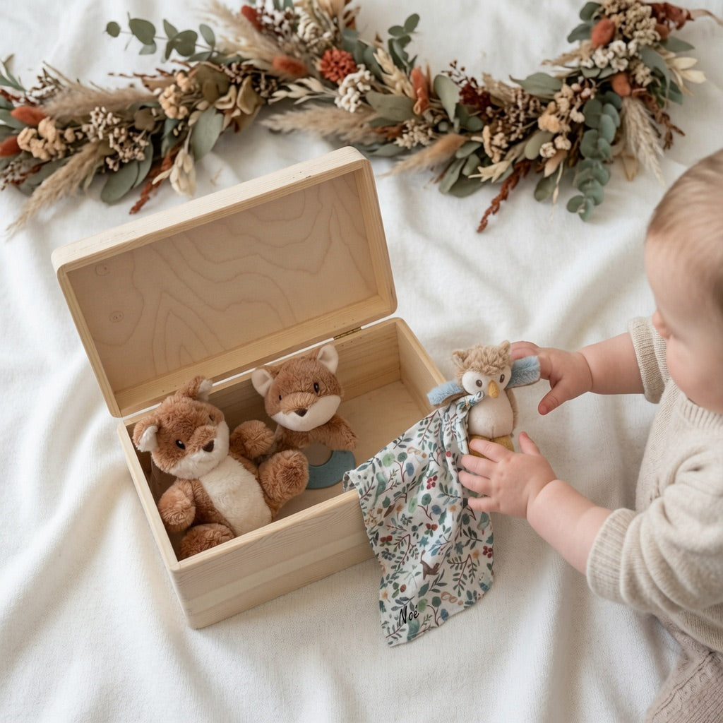 Geschenkset Waldtiere personalisiert - Erinnerungskiste, Schmusetuch, Rassel &amp; Kuscheltier
