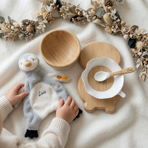 Kindergeschirr-Set + Steiff Schmusetuch Pinguin personalisiert