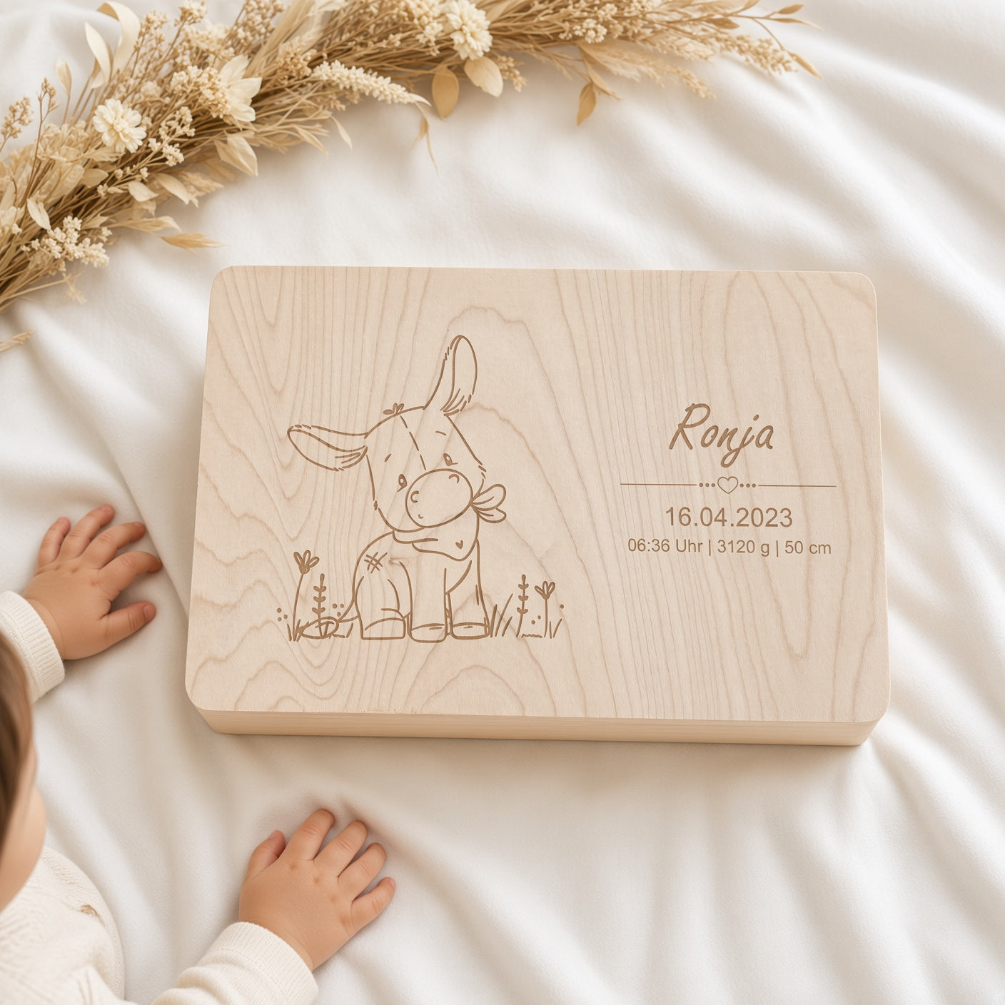 Geschenkset Erinnerungskiste, Schmusetuch und Handtuch Esel personalisiert