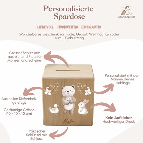 Spardose / Kässeli personalisiert farbig Bär, Hase, Ente