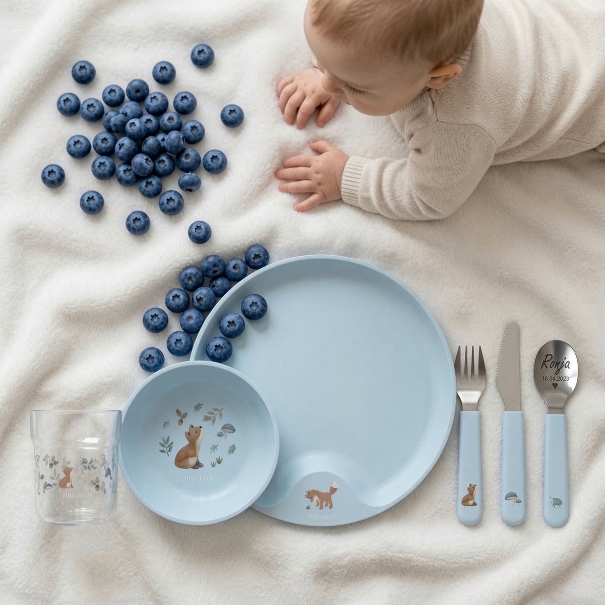 Little Dutch Kindergeschirrset personalisiert blau Fuchs