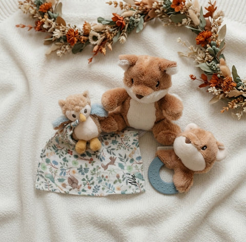 Geschenkset Waldtiere personalisiert - Erinnerungskiste, Schmusetuch, Rassel & Kuscheltier