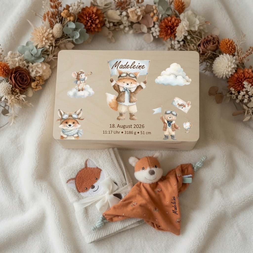 Geschenkset Erinnerungskiste, Schmusetuch und Handtuch Fuchs personalisiert
