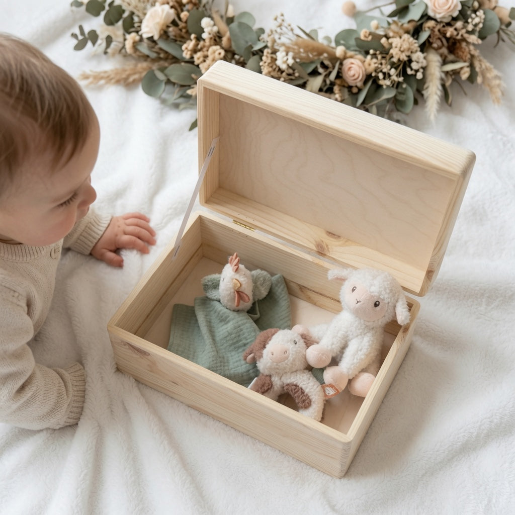 Geschenkset Bauernhof personalisiert - Erinnerungskiste, Schmusetuch, Rassel &amp; Kuscheltier