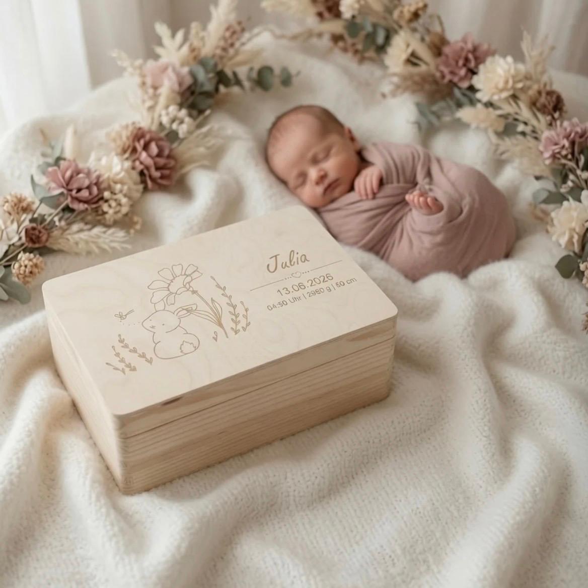 Geschenkset Erinnerungskiste, Schmusetuch und Handtuch Hase personalisiert