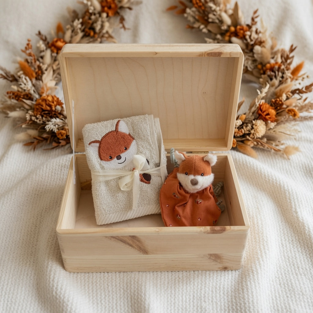 Geschenkset Erinnerungskiste, Schmusetuch und Handtuch Fuchs personalisiert