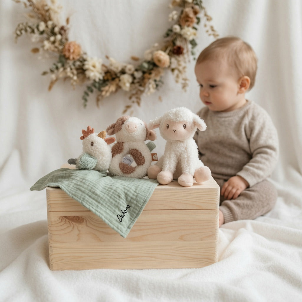Geschenkset Bauernhof personalisiert - Erinnerungskiste, Schmusetuch, Rassel &amp; Kuscheltier