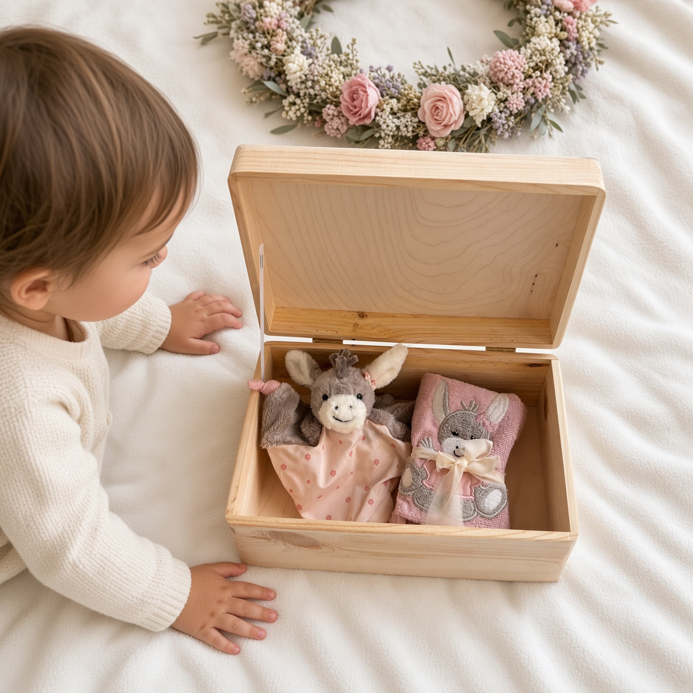 Geschenkset Erinnerungskiste, Schmusetuch und Handtuch Esel personalisiert